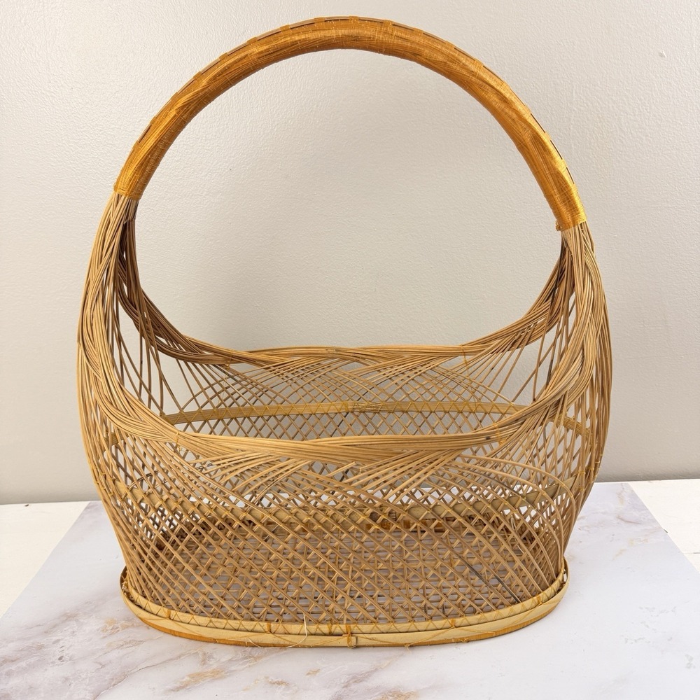 Vintage Japanese Bamboo Basket Open Weave Handle Wabi Sabi Boho Rustic Decor